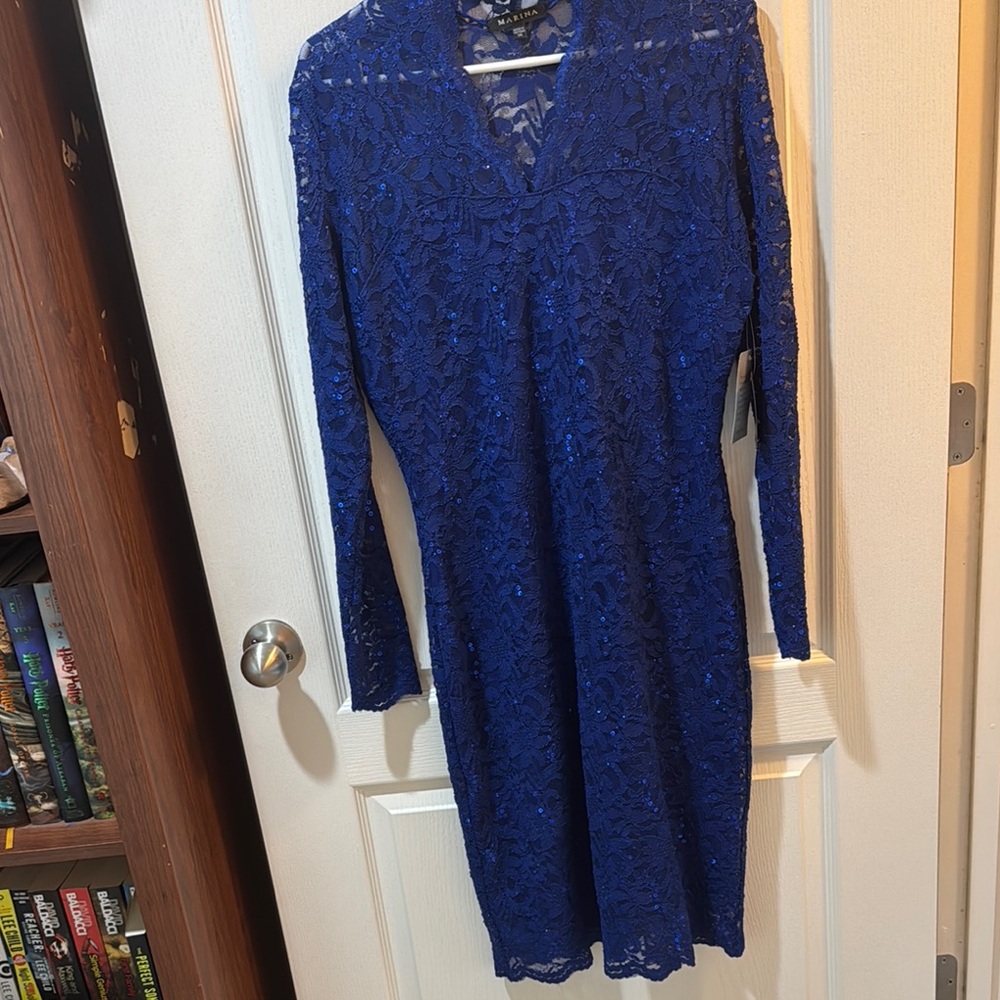 MARINA Blue Long Sleeve V-Neck Sheath Dress